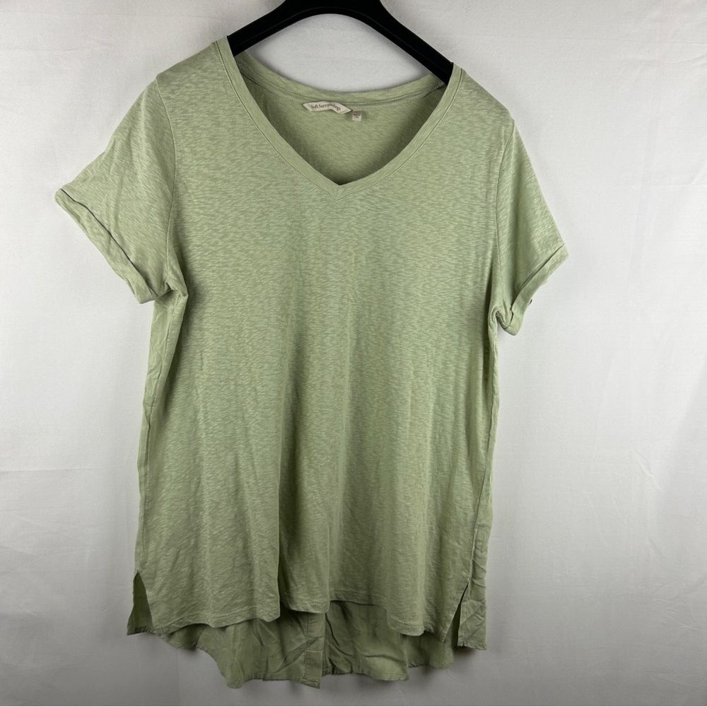 Soft Surroundings Light Green V-Neck cotton knit top back button L